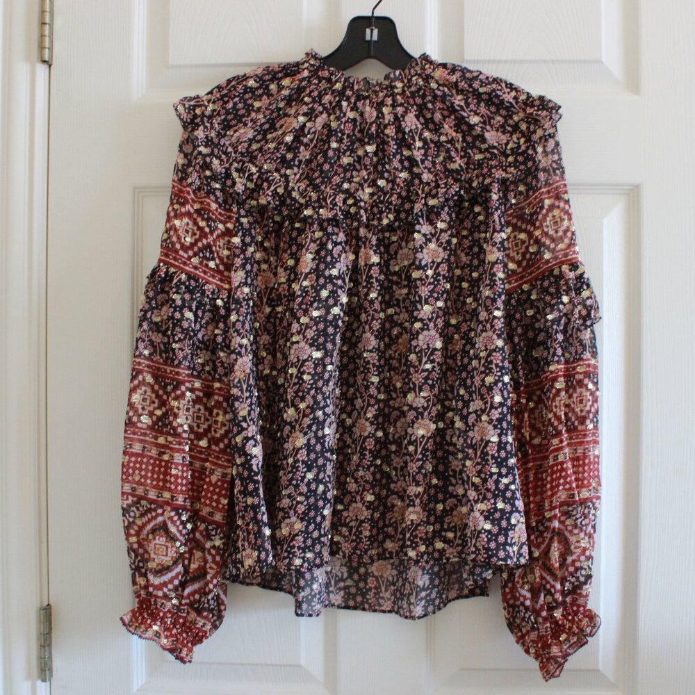 Ulla Johnson Eleni Silk Ruffled Floral Metallic Dot Long Sleeve Blouse